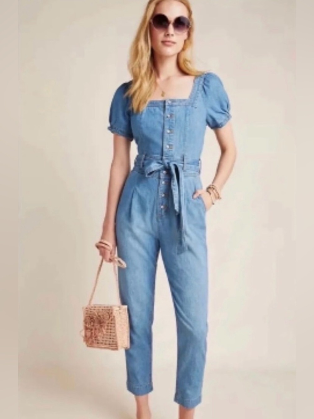 Pilcro And The Letterpress Anthropologie Aimee Denim Puff Sleeve Jumpsuit sz 10